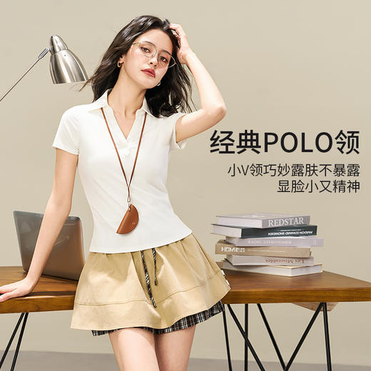 爱帝女士莱赛尔显瘦V领POLO衫夏季翻领短袖T恤 商品图10