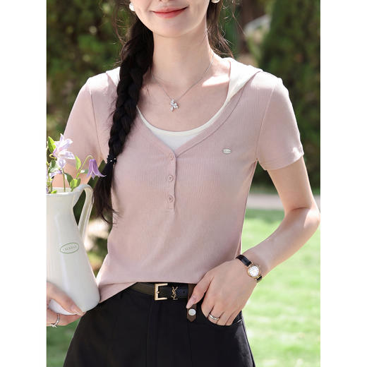 鹿向南【0405/20:00新品前1小时7折限量100件】假两件粉色T恤短袖 商品图3