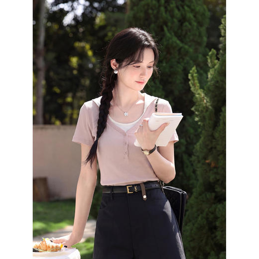 鹿向南【0405/20:00新品前1小时7折限量100件】假两件粉色T恤短袖 商品图1