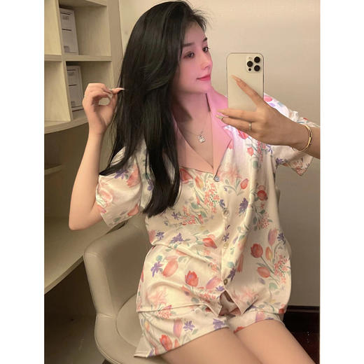 冰丝睡衣女绝美印花卉高颜值短袖短裤两件套夏季薄款家居服女批发 商品图2