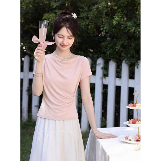 鹿向南【0405/20:00新品】粉色收腰短袖T恤 商品图0