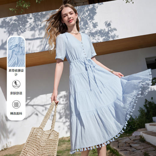 【百图lulu定制】【汀兰连衣裙】V领 短袖 流苏边 腰部系绳 修身显瘦 垂感十足连衣裙 商品图0