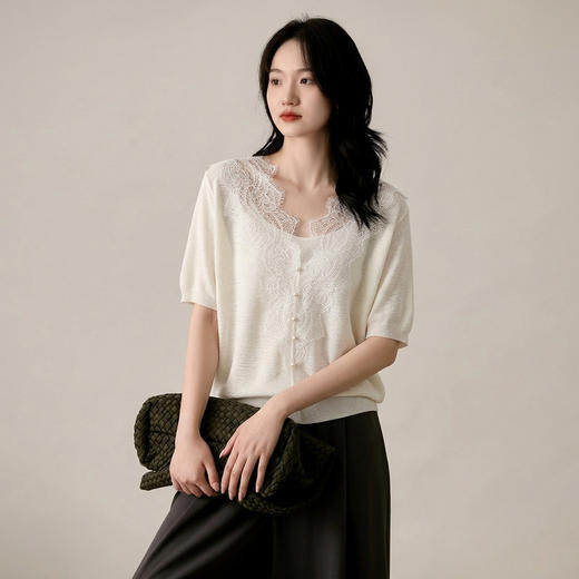 浮雕蕾丝~韩系V领蕾丝拼接短袖针织衫女百搭时尚显瘦花边背心 商品图3