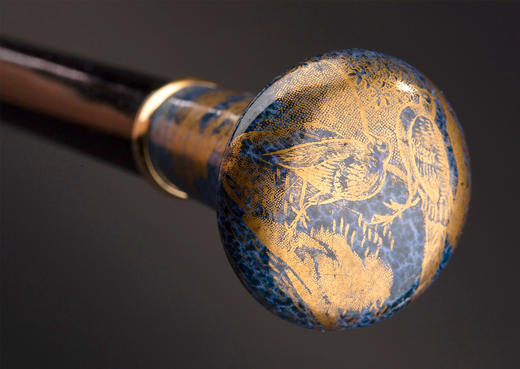 独角鹿西洋古董1910年代中国出品蓝地描金花鸟纹主题瓷手柄硬木手杖 商品图6