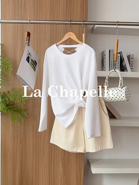 专柜实拍【后背镂空蕾丝】拉夏贝尔/La Chapelle独特款！棉感透气舒适圆领后背镂空蕾丝设计纯色慵懒感长袖T恤衫