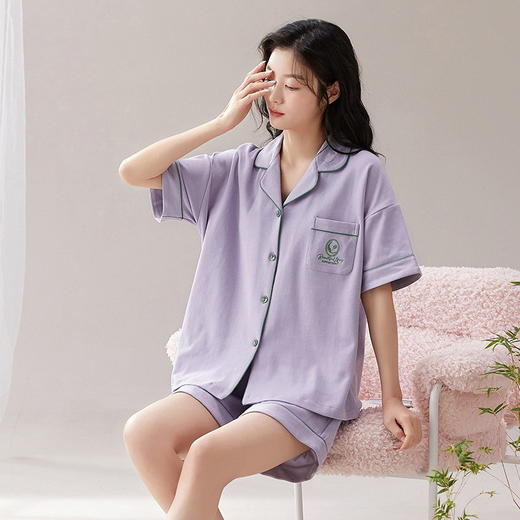 短袖翻领睡衣女夏季薄款简约休闲棉质家居服可外穿套装新款新品 商品图3
