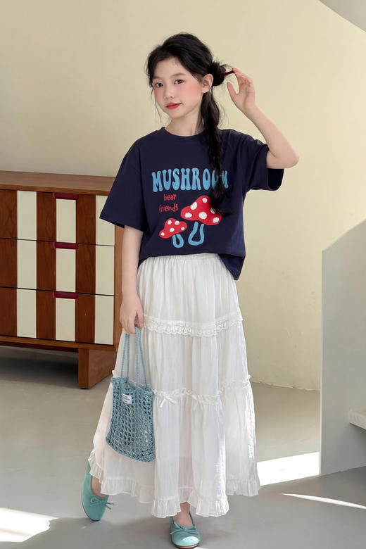 🍧夏日温柔风必备💕韩系元气少女氛围感穿搭👧【吉米故事▪韩系童趣蘑菇印花短袖T恤➕️蕾丝拼接蛋糕长裙】 | 匠心之作 始于颜值，忠于品质 自带高级感的春天 商品图3