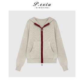 04-2潘依绣丁丁宠粉羊毛减龄松弛撞色连帽双拉链长袖针织外套Q35471