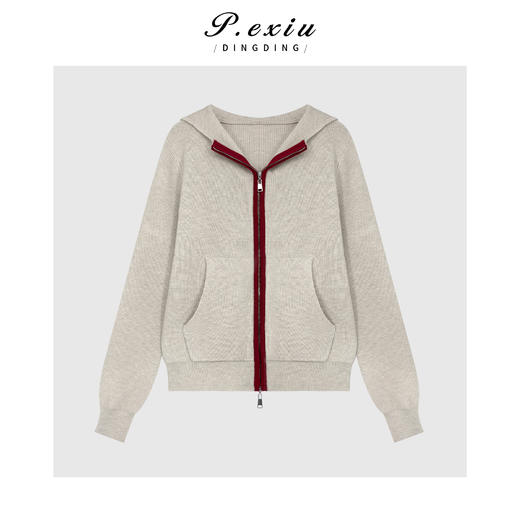 04-2潘依绣丁丁宠粉羊毛减龄松弛撞色连帽双拉链长袖针织外套Q35471 商品图0