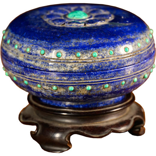 清	青金石嵌绿松石莲花盖盒（红木座） 商品图5