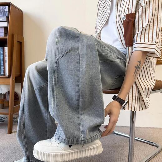 F040302春夏季新款宽松弯刀裤破洞高品质重工耐磨耐脏水洗情侣款直筒牛仔裤 商品图5