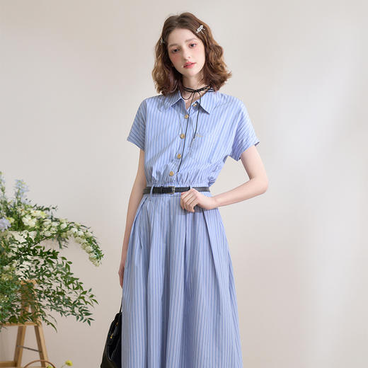 复古英伦风条纹文艺感翻领衬衫裙女春季学院风连衣裙LXD50309 商品图4