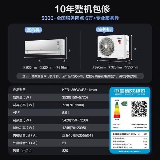海尔空调 洗空气Max大1.5匹挂机 新一级能效 语音除菌健康风纯铜管 国家补贴十年包修KFR-35GW/E3-1Max 商品图7