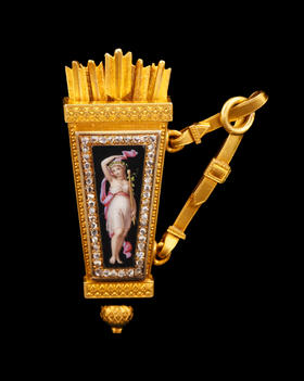 独角鹿西洋古董1840年代瑞士出品18K黄金镶嵌钻石珐琅箭袋与箭造型吊坠怀表