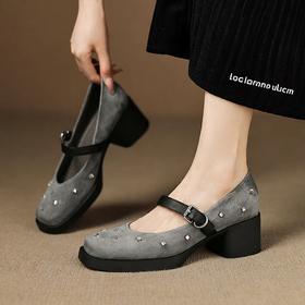 【预售5天】法式单鞋女浅口水钻厚底方头中跟粗跟真皮高跟鞋黑灰色玛丽珍鞋&A1323-1