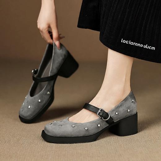 【预售5天】法式单鞋女浅口水钻厚底方头中跟粗跟真皮高跟鞋黑灰色玛丽珍鞋&A1323-1 商品图0