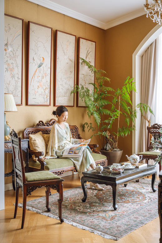 独角鹿西洋古董19世纪末20世纪初法国出品VIARDOT东方风格蟠龙回纹硬木精雕及镂雕装饰花叶主题螺钿镶嵌绿色绒布面沙发座椅三件套 商品图1