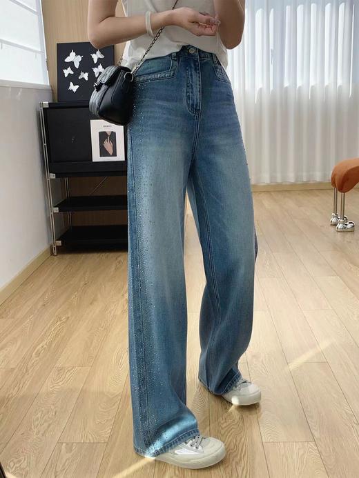 F040304春季新款阔腿牛仔裤女高腰垂感带钻满天星爆闪烫钻直筒长裤 商品图9