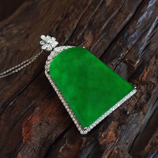 【天然正品】A货翡翠AU750收藏级白金镶钻镶天然细腻糯种满绿平安无事牌翡翠吊坠项链47.1*31.9*8.5MM（皆取最大值）230326NJS35 商品图4