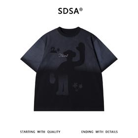 SDSA男装2026新款轻奢美式渐变卡通招手印花圆领短袖T恤百搭潮