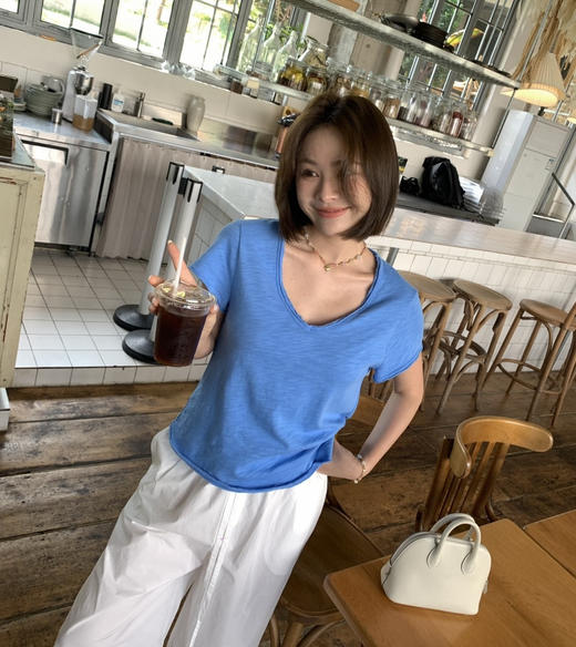 纯原章若楠朱珠同款 American Vintag*e 竹节棉磨毛破边V领短袖Tee 商品图11