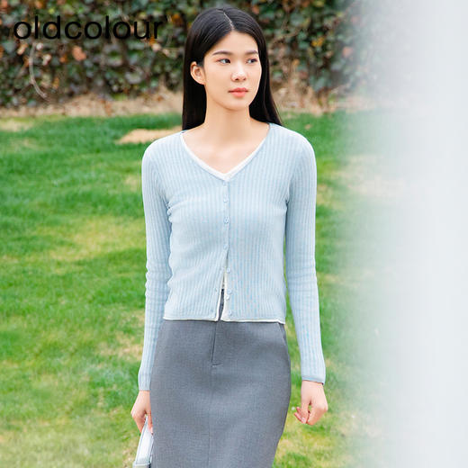 oldcolour纯色薄款针织衫外套春季新款修身弹性V领通勤简约上衣女Q190515A1 商品图1
