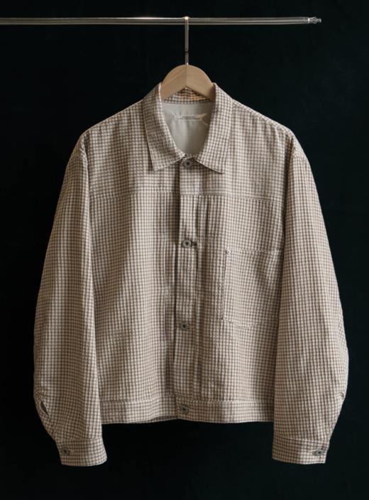 SUPERTOFU(SPTF)/CYG-AW25-J286/细格纹衬衫外套 泡泡纱肌理 巴黎扣 短款夹克外套 商品图0