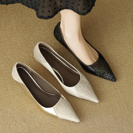 【预售5天】气质名媛尖头高跟鞋女新款法式时尚拼接真皮软底细跟浅口单鞋 商品图3