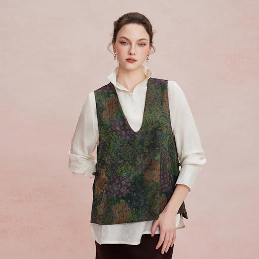 RF404斯尔丽26新款新中式提花双色深V宽松廓形挡肉百搭马甲 商品图0