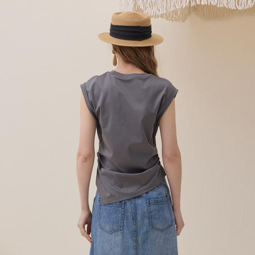 谜底复古刺绣印花T恤无袖2026夏季新品侧边褶皱显腰型女262MT0454 商品图2