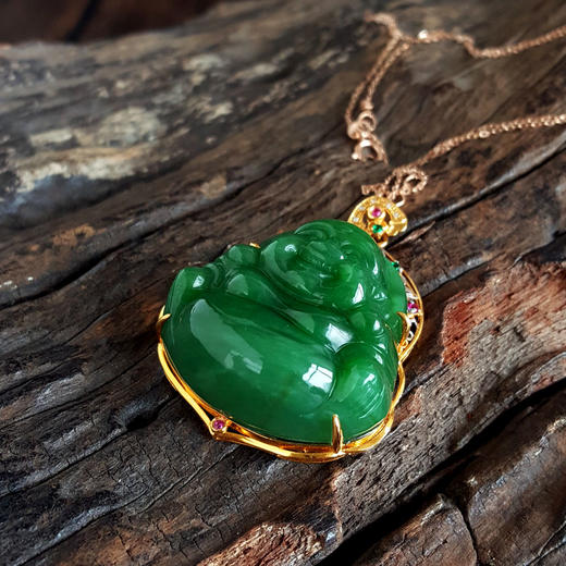【天然正品】AU750黄金镶钻镶天然细腻油润度佳菠菜绿无黑点佛公碧玉和田玉吊坠项链43.1*32.3*12.4MM（皆取最大值）030426XY08 商品图4