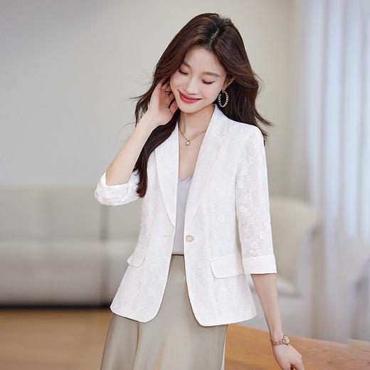 「自」全新升级【铂金会员146/天猫199/差价53】(83014)洛诗琳气质蕾丝西装外套女2026春夏新款七分袖薄款通勤上衣 商品图1