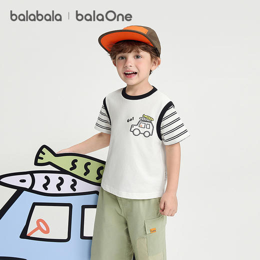 【balaOne】巴拉巴拉儿童短袖t恤男女童2026新夏装假两件条纹上衣 商品图0