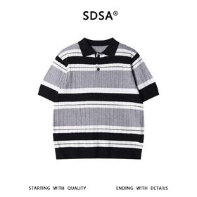 SDSA男装2026新款高贵轻奢老钱风纽花撞色条纹翻领短袖T恤百搭