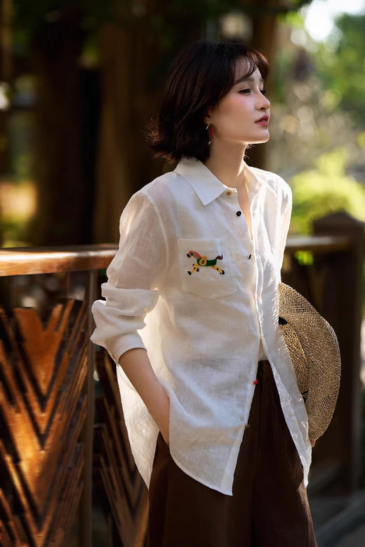 小马刺绣老钱风棉麻衬衣防晒衫 商品图2