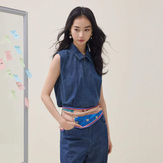 谜底牛仔衬衣无袖2026夏新品半拉链拼接丝巾印花上衣女262MS0456 商品图1
