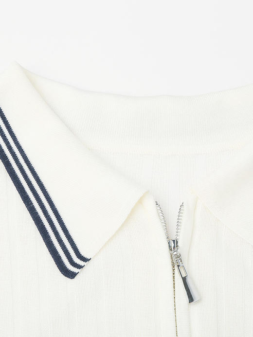 轻奢高级感坑条 Polo 领针织衫女 米白色撞色条纹拉链短袖 小个子通勤气质显瘦上衣 商品图2