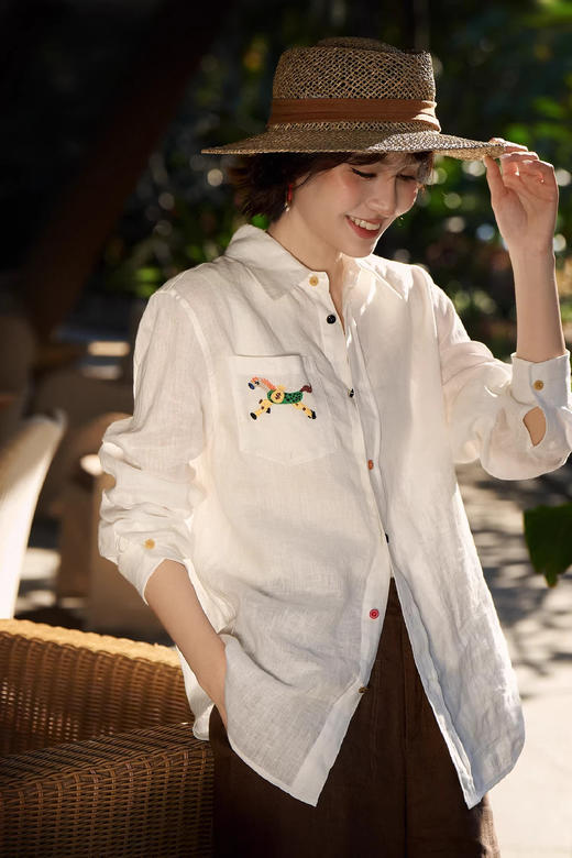 小马刺绣老钱风棉麻衬衣防晒衫 商品图8