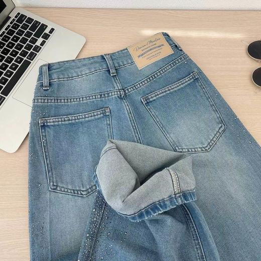 F040304春季新款阔腿牛仔裤女高腰垂感带钻满天星爆闪烫钻直筒长裤 商品图3