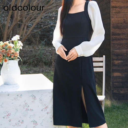 oldcolour春季新款优雅法式方领长袖赫本风小黑连衣裙女Q191007A1 商品图1