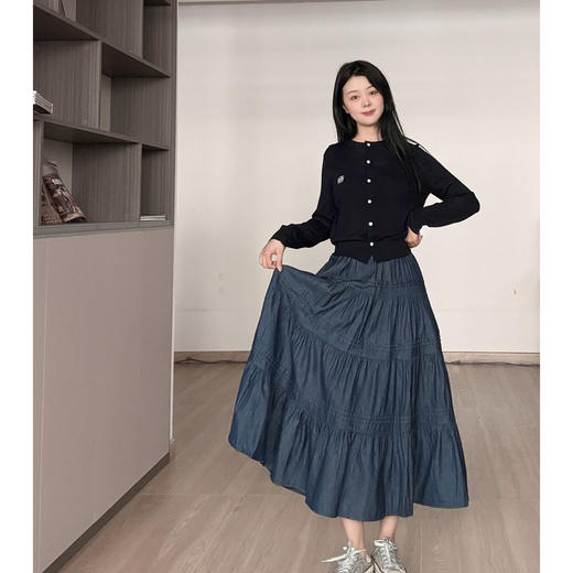 塞纳河畔的晚风~森系拼接压褶A字半身裙女松紧腰简约蓬蓬蛋糕长裙 商品图0