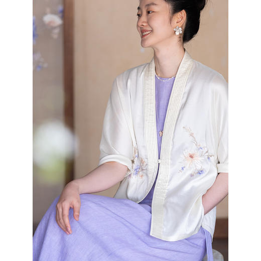 牧衣游原创 重工手绣重磅桑蚕丝外套新款古朴禅意双宫绸开衫 浅行 商品图1