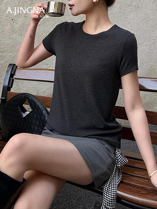 【遮肉显瘦】阿菁娜正肩圆领弹力修身T恤F31C301027 商品图3