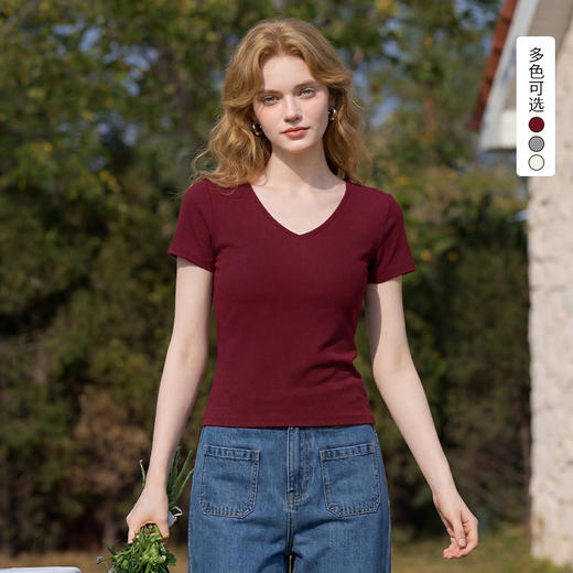 西遇纯欲辣妹修身短袖T恤女2026年夏季新款显瘦正肩纯色短款上衣E0060269 商品图0