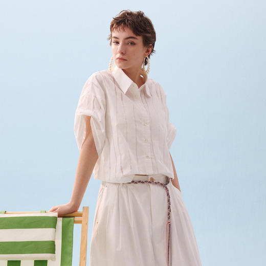 谜底花苞型衬衣短袖2026夏季新品浪漫艺术条纹短衬衫女262MC0461 商品图1