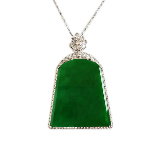 【天然正品】A货翡翠AU750收藏级白金镶钻镶天然细腻糯种满绿平安无事牌翡翠吊坠项链47.1*31.9*8.5MM（皆取最大值）230326NJS35 商品图0
