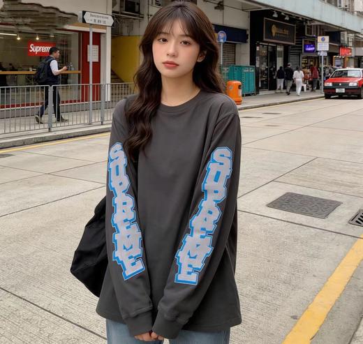 F040307春夏季新款复古做旧男女同款双臂彩色印花字母宽松长袖T恤 商品图3