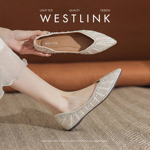 西遇水钻尖头浅口单鞋女2026新款春季珍珠百搭舒适仙女风平底鞋子V0066328 商品图2