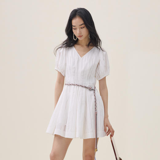 谜底V领连衣裙短袖2026夏季新品泡泡袖少女感编织腰带女262ML0530 商品图1