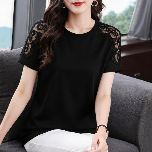 黑色蕾丝短袖T恤女士2026夏季新款大码女装正肩显瘦气质上衣减龄 商品图4